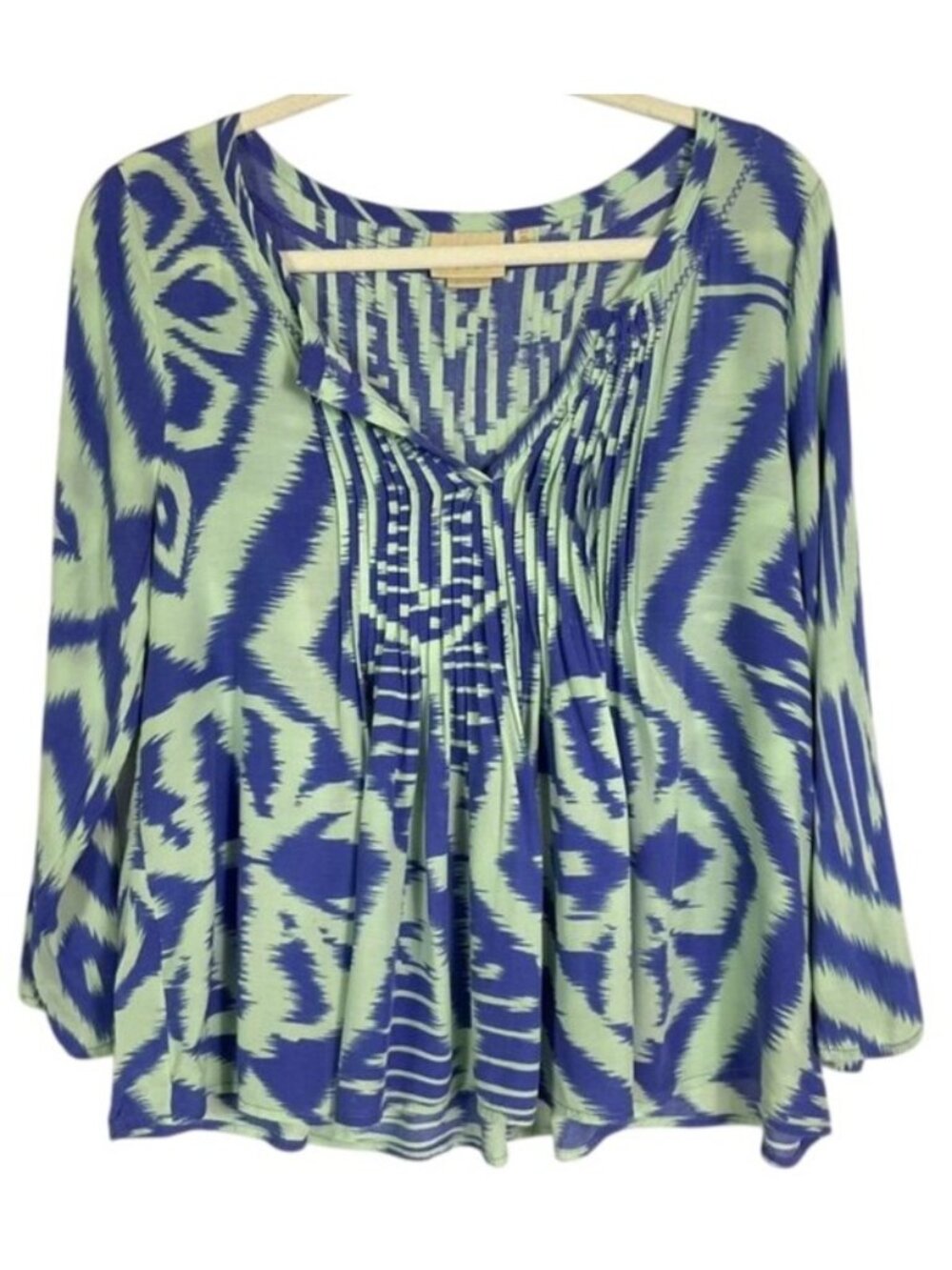 Anthropologie Vanessa Virginia Mahdia Ikat Pleated Blouse Blue Mint Size 6
